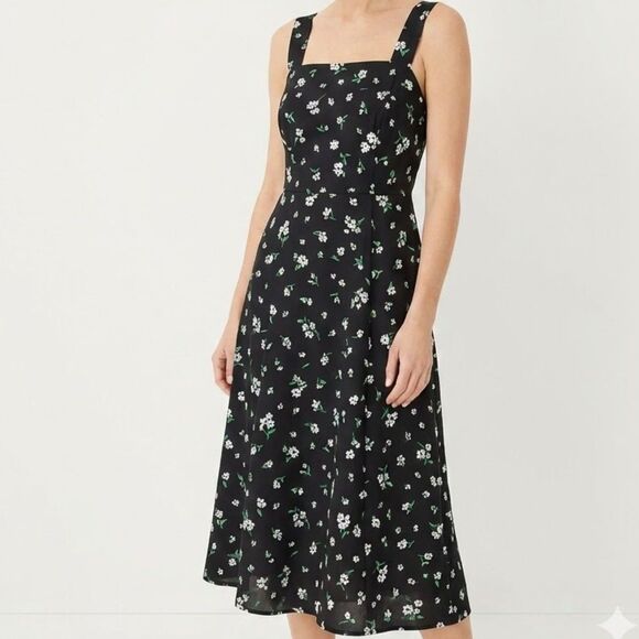 Ann Taylor Dresses & Skirts - Ann Taylor Factory Black Floral Midi Dress Cotton Size 16 Poetcore Modern Craft